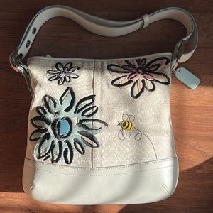 COACH Signature White Crossbody Shoulder Bag w/ Embroidered Floral & Bee Design